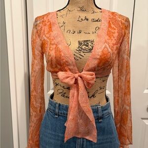 Sheer Orange Tie-Front Crop silk Blouse with Long Sleeves